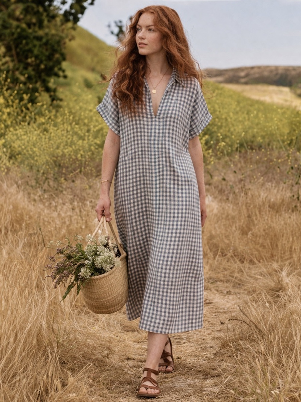 Jigsaw 100% Linen Gingham Midi Dress Blue White Relaxed Fit Pockets US 6
